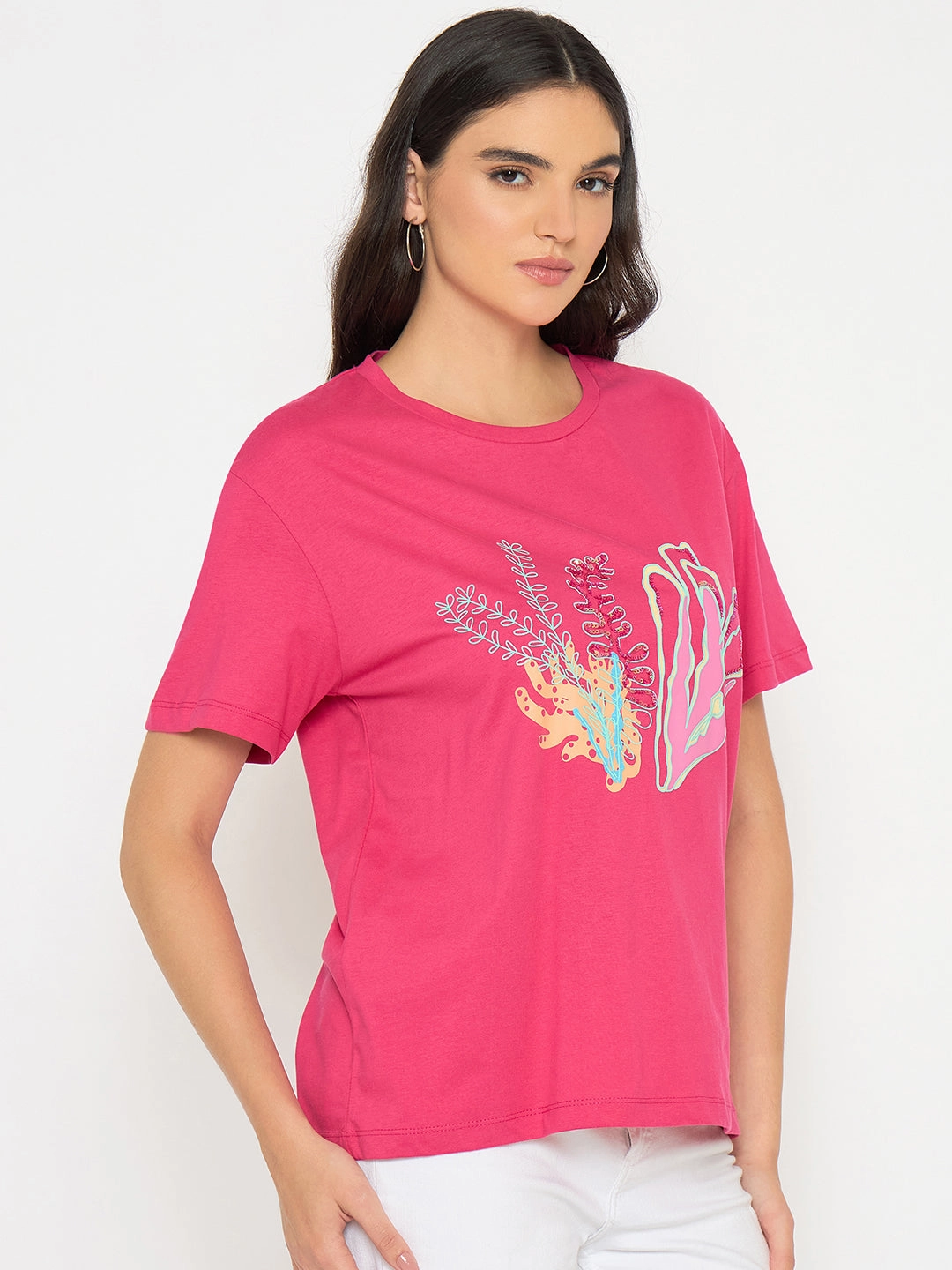 Sleek Waist Sporty Appeal Madame Embroidered Hot Pink Cotton T-shirt
