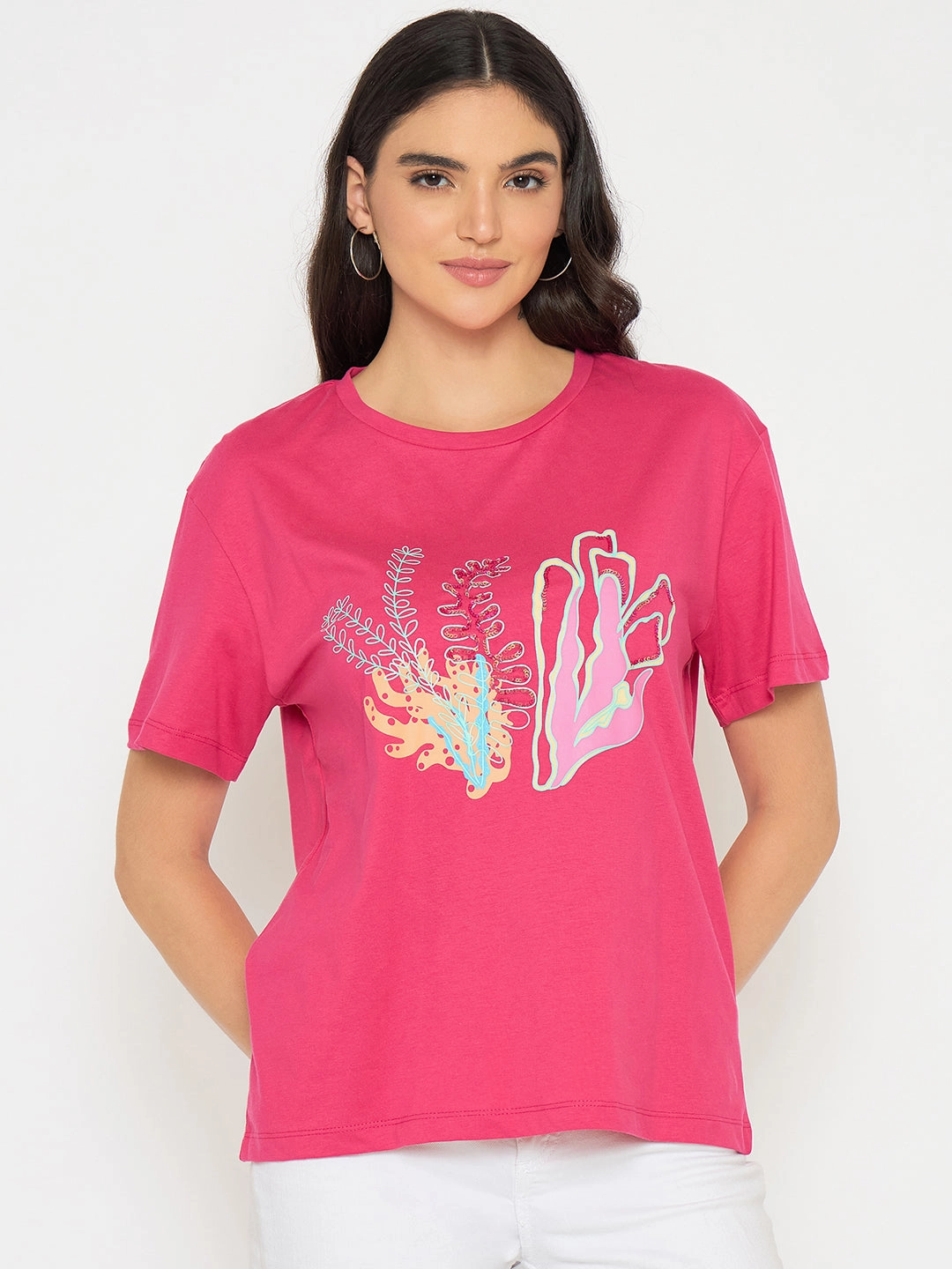 Madame Embroidered Hot Pink Cotton T-shirt Cozy Waist
