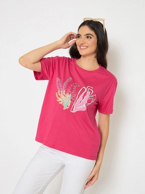 Fashion Must-Have Madame Embroidered Hot Pink Cotton T-shirt