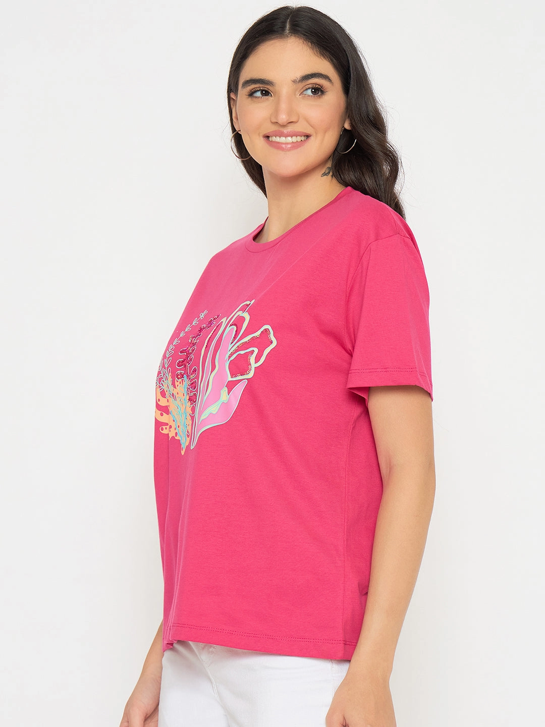 Madame Embroidered Hot Pink Cotton T-shirt Raw Hem Finish