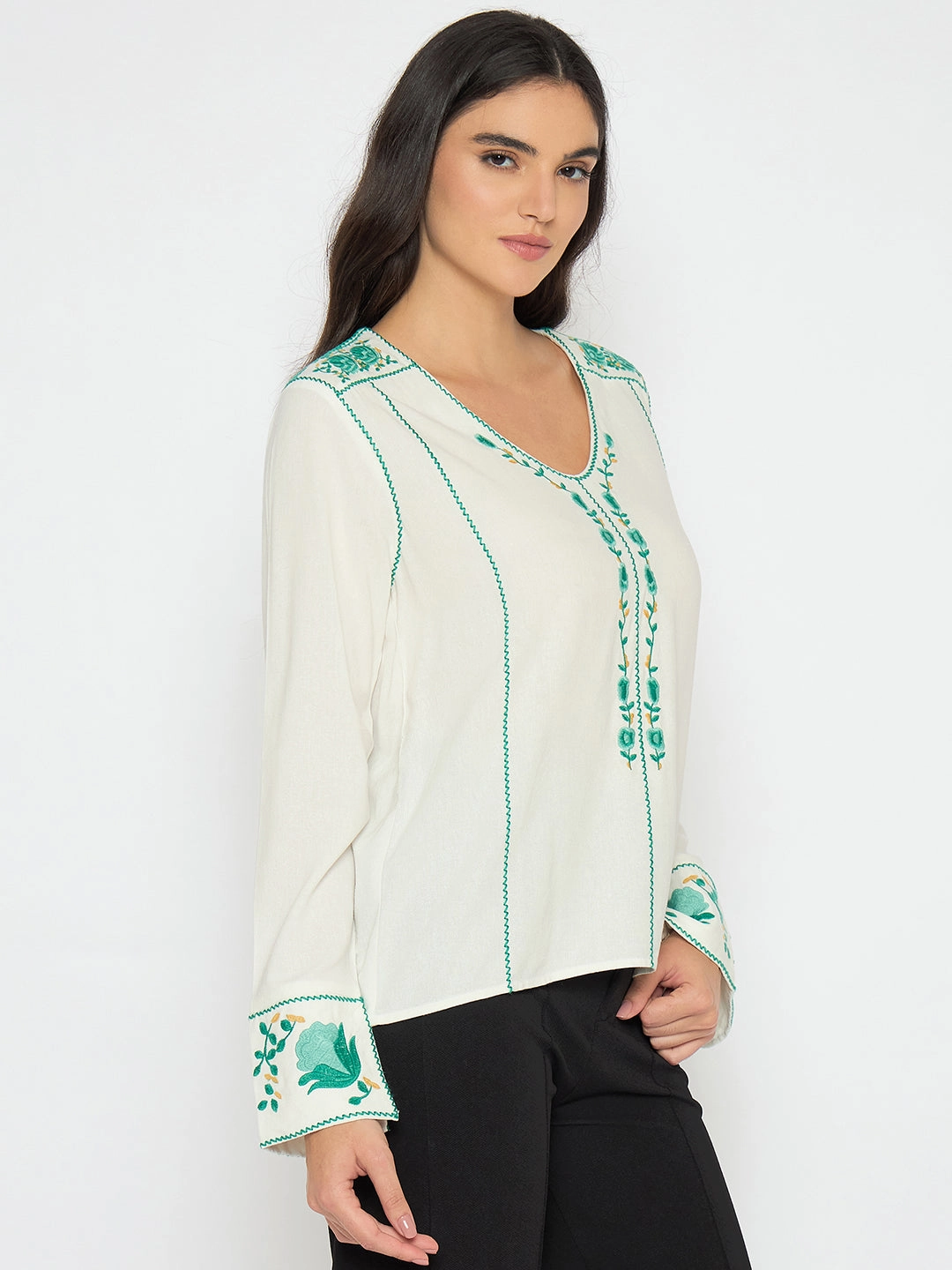 Temperature Control Fabric Madame Embroidered Rayon Blend White Top