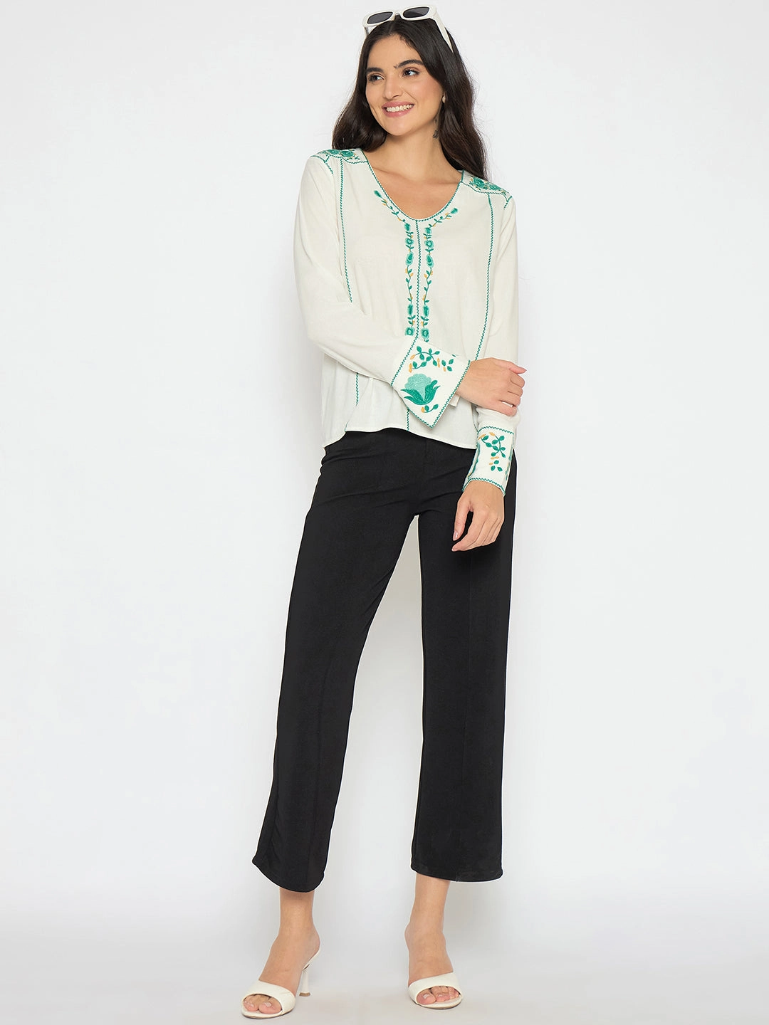 Bohemian style Breathable Mesh Insert Madame Embroidered Rayon Blend White Top