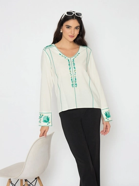 NonChafeCollarTech Madame Embroidered Rayon Blend White Top