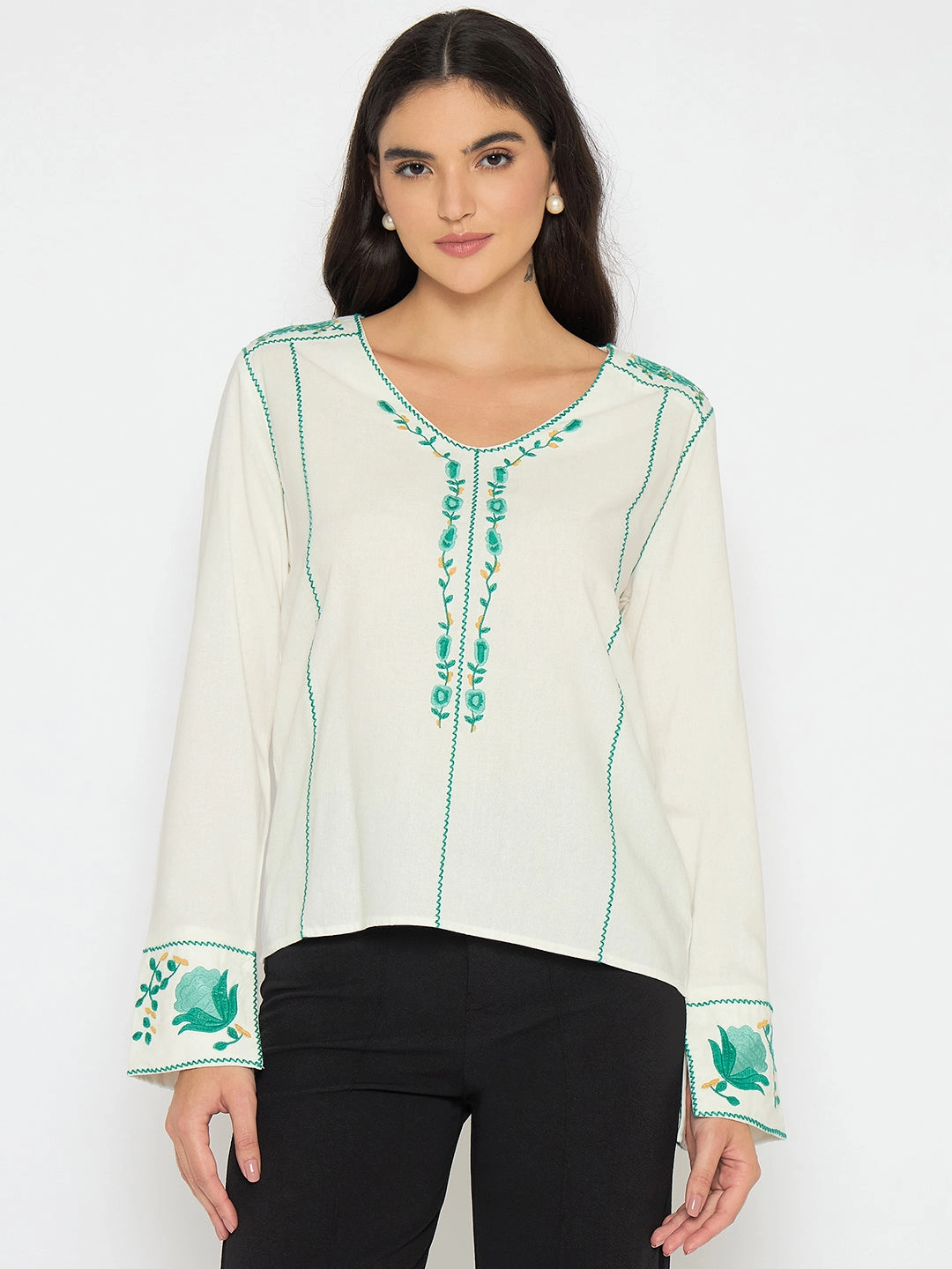Madame Embroidered Rayon Blend White Top ZipperedPockets