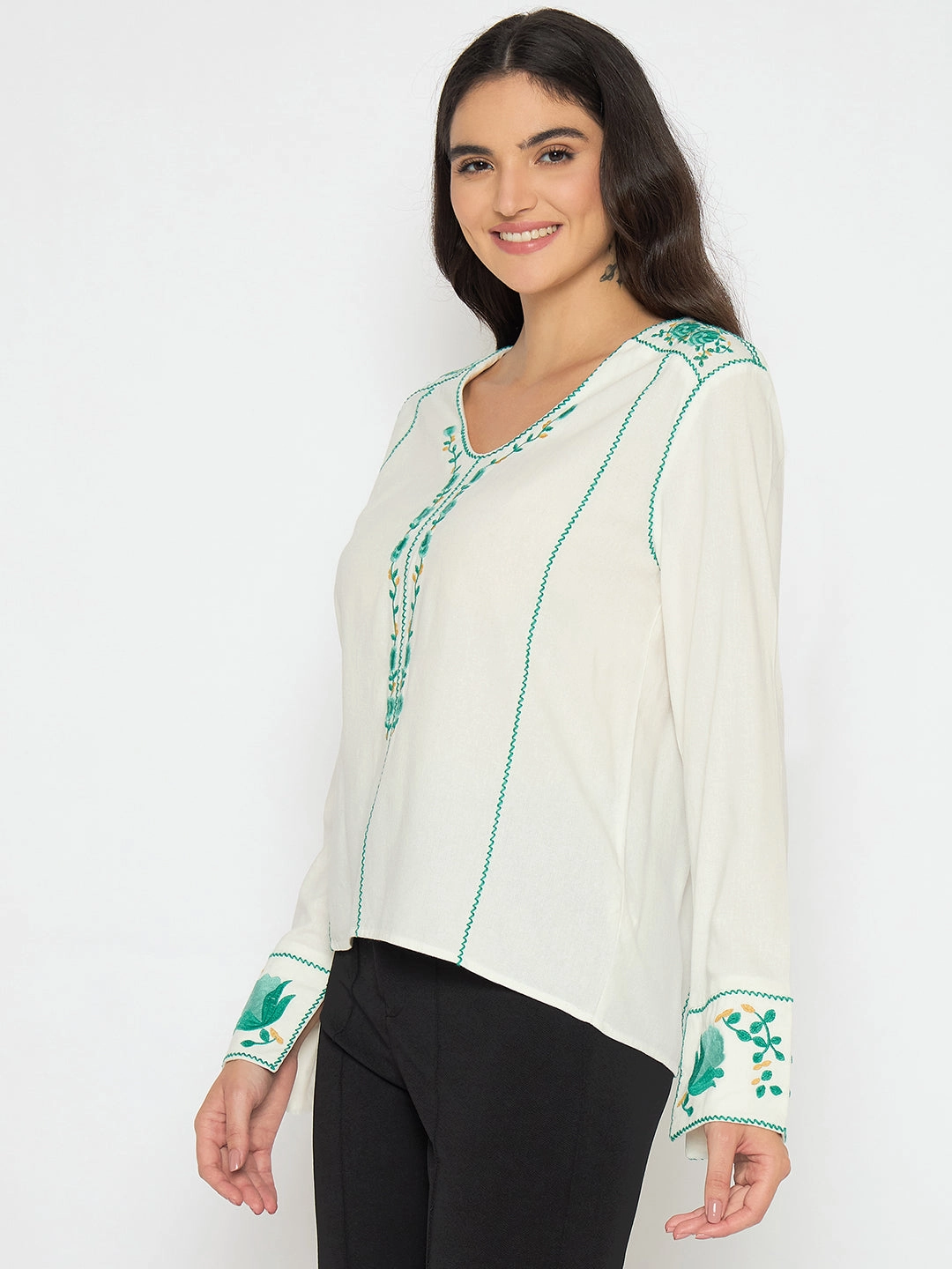 Madame Embroidered Rayon Blend White Top MeshPanelIntegration