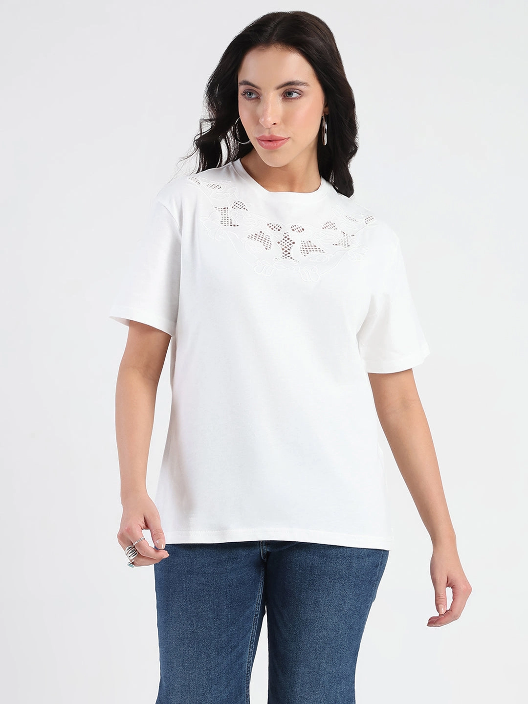 Essential Wear Compact Stitch Pattern Madame Embroidered Round Neck White Cotton Lycra T-shirt