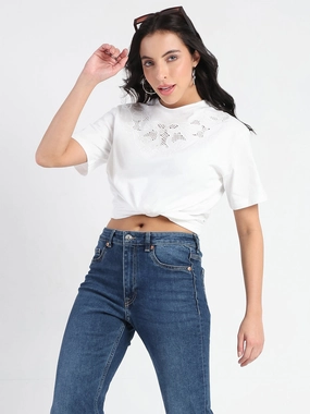 Madame Embroidered Round Neck White Cotton Lycra T-shirt Sustainable Dye Process