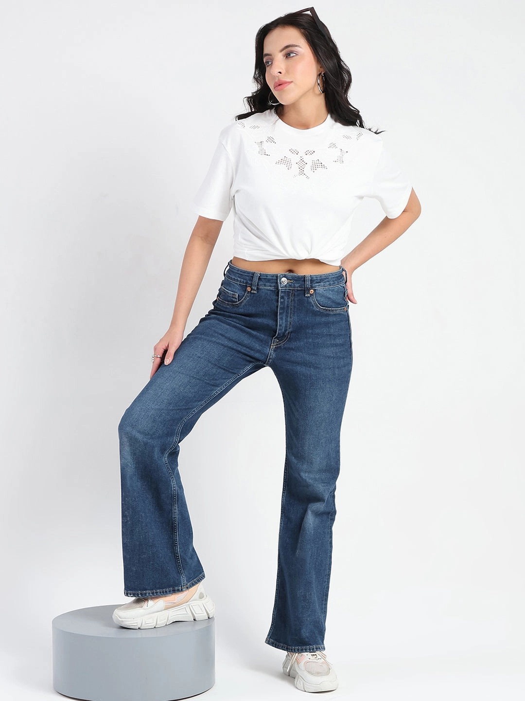 Madame Embroidered Round Neck White Cotton Lycra T-shirt Double Stitched Seams WrinkleResistant Texture
