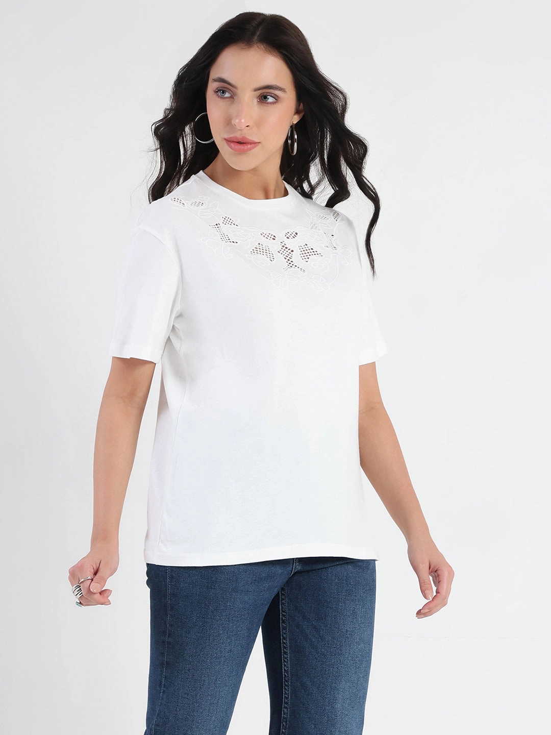 Madame Embroidered Round Neck White Cotton Lycra T-shirt Abstract mystery sporty and comfortable