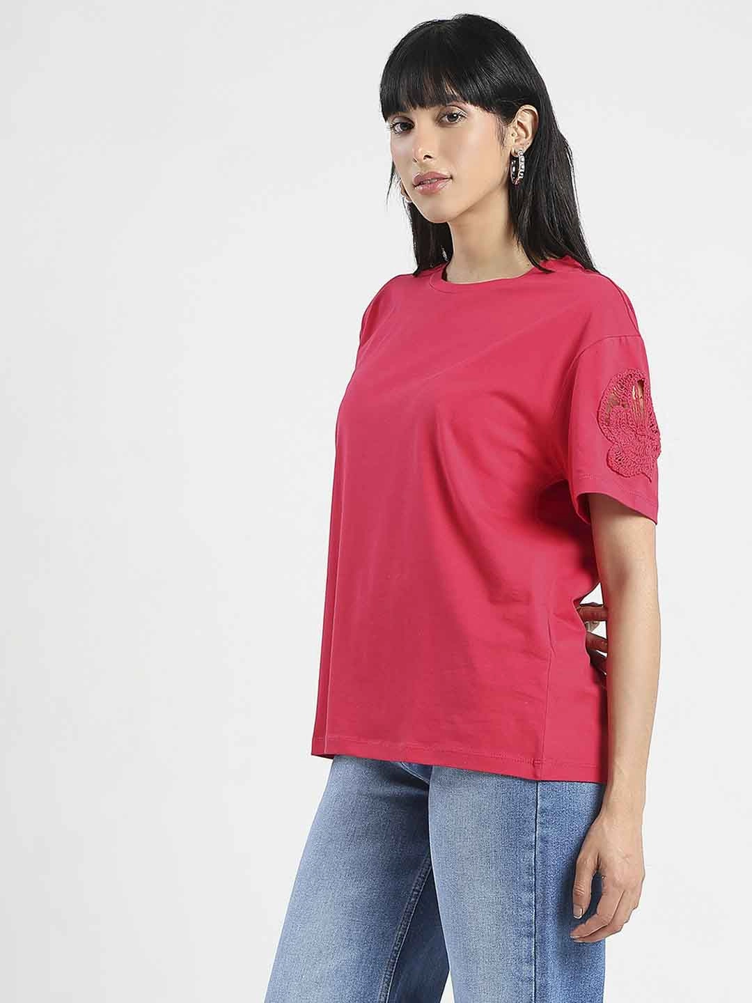 Madame Embroidered Sleeve Solid Red Cotton T-Shirt Cozy Layer