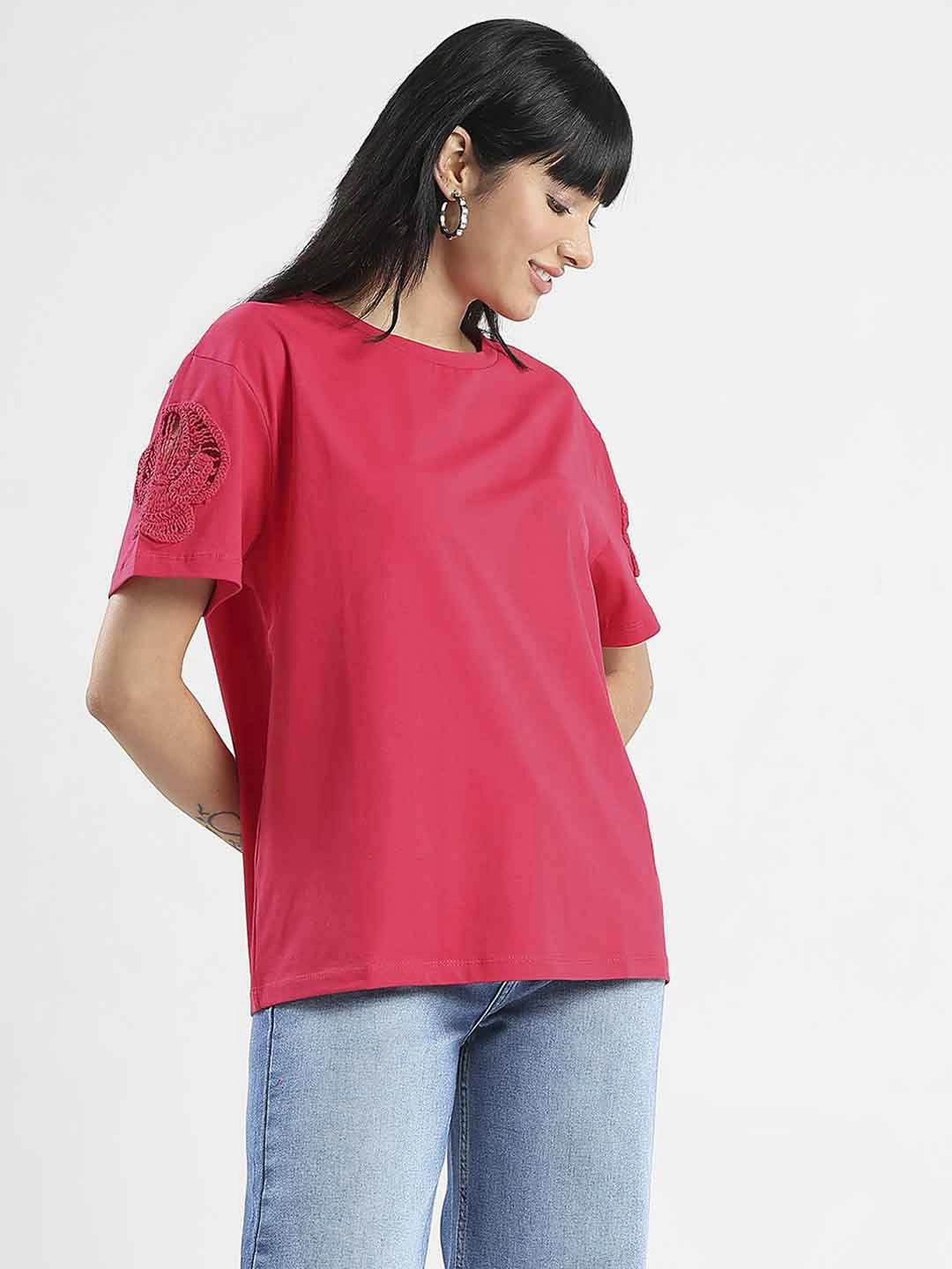 Madame Embroidered Sleeve Solid Red Cotton T-Shirt Timeless Design