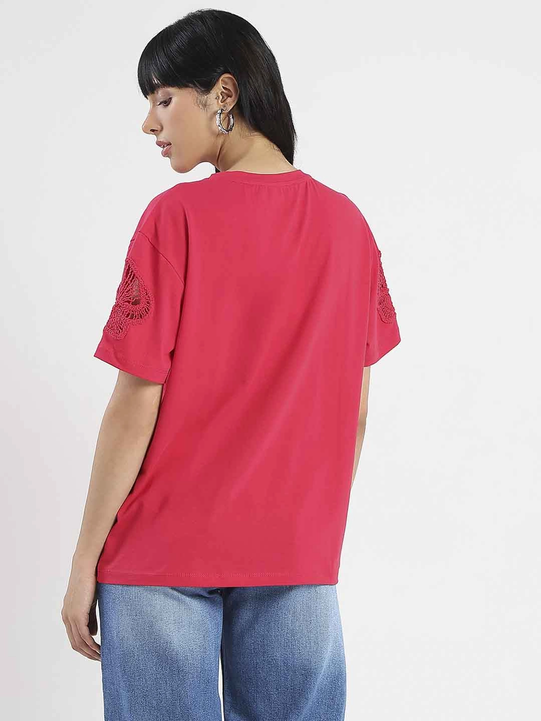 Madame Embroidered Sleeve Solid Red Cotton T-Shirt Scoop neck