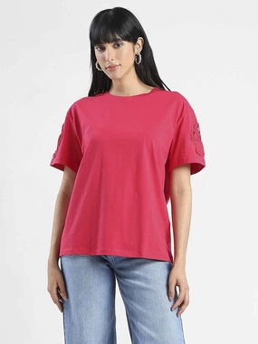 layerable Soft Wear Madame Embroidered Sleeve Solid Red Cotton T-Shirt