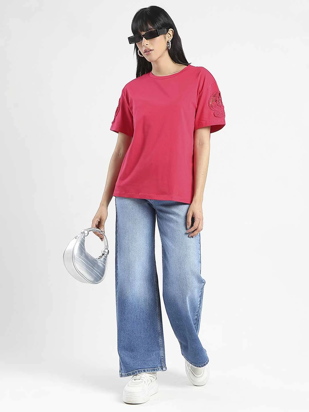 Madame Embroidered Sleeve Solid Red Cotton T-Shirt Foam Print Detail Eco Friendly Fabric