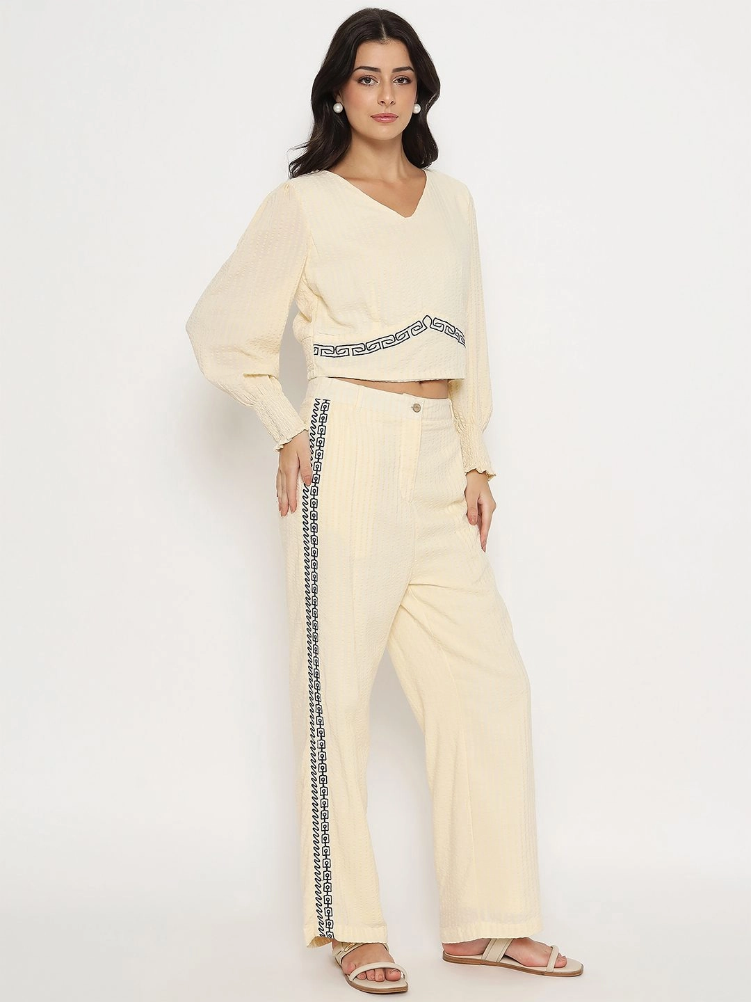 Fitted Shape Madame Embroidered Top and Bottom Textured Beige Co-ord Set