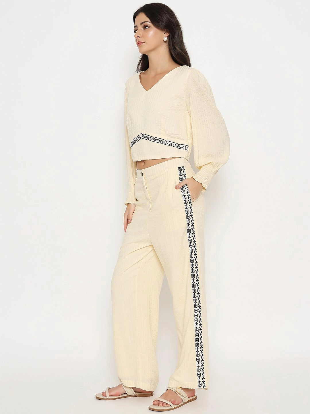 Madame Embroidered Top and Bottom Textured Beige Co-ord Set Cozy Mood