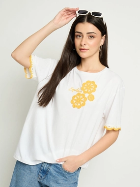 Madame Embroidered White Cotton T-Shirt Casual Vibe Wear