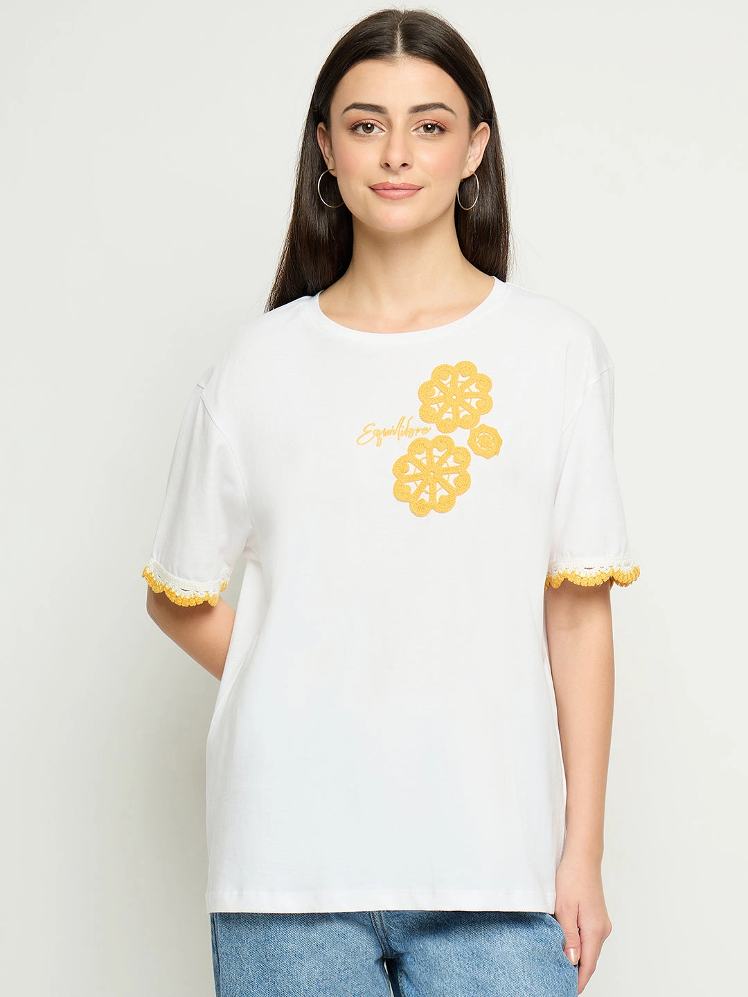 Street Smart yoga clothing Madame Embroidered White Cotton T-Shirt