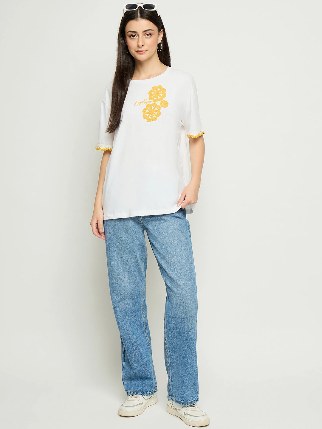 Comfy Look Wear Basic Wear Madame Embroidered White Cotton T-Shirt