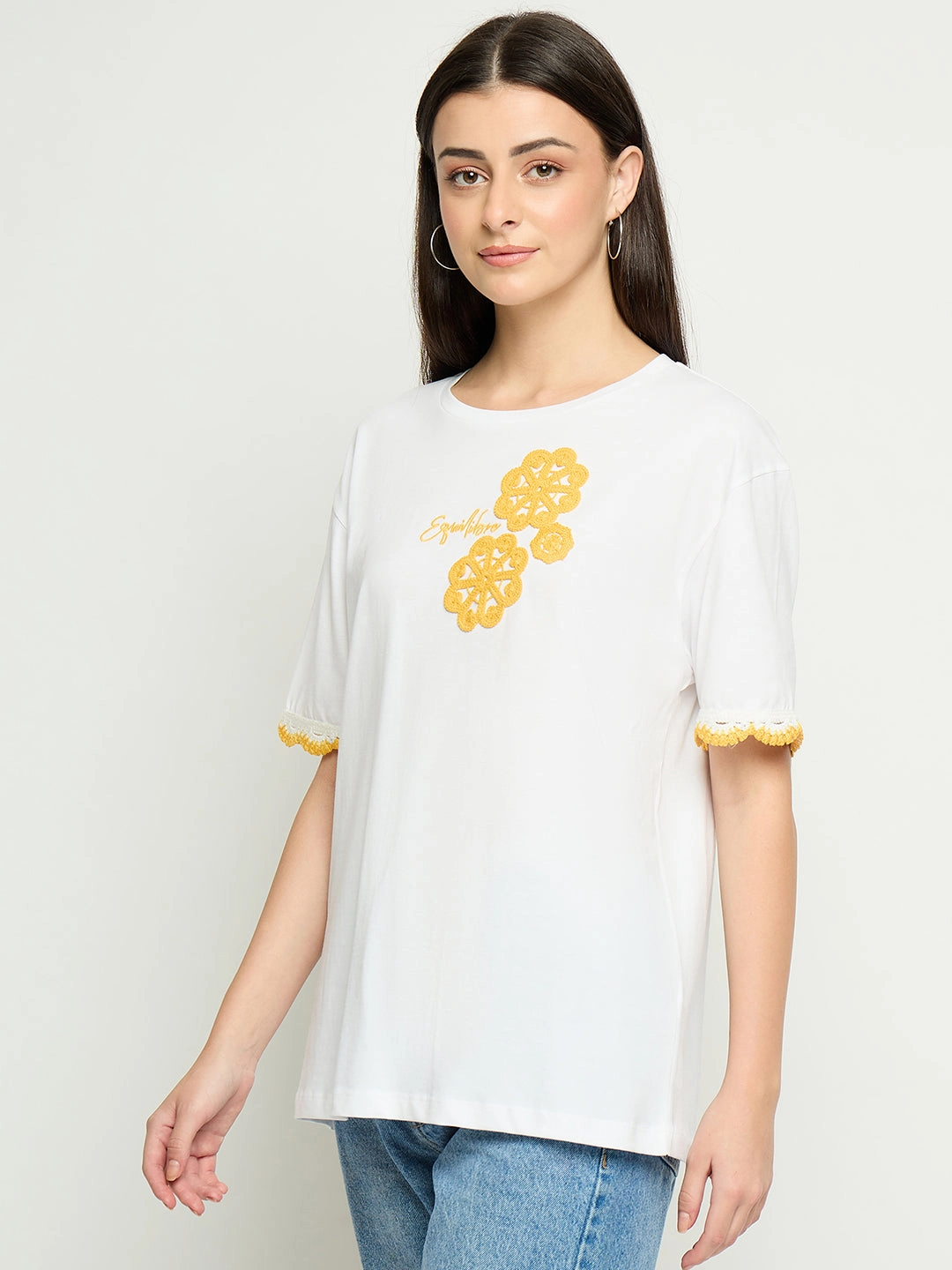 Fashion-Ready Perfect Layer Wear Madame Embroidered White Cotton T-Shirt