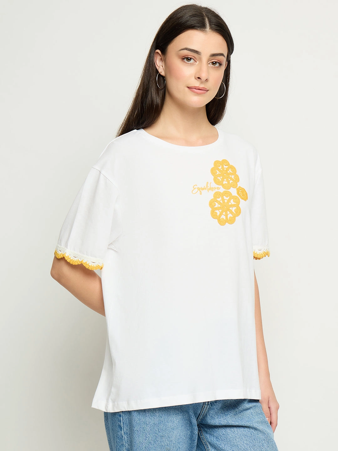 Madame Embroidered White Cotton T-Shirt Fashionable Fit