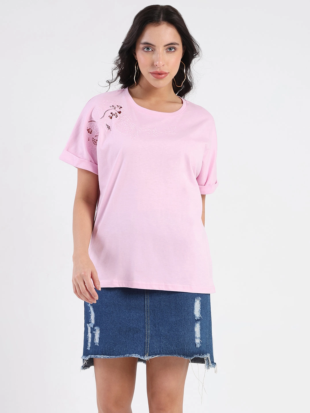 Sustainable Production Process Madame Embroidery Cutwork Detail Solid Lilac Cotton T-shirt