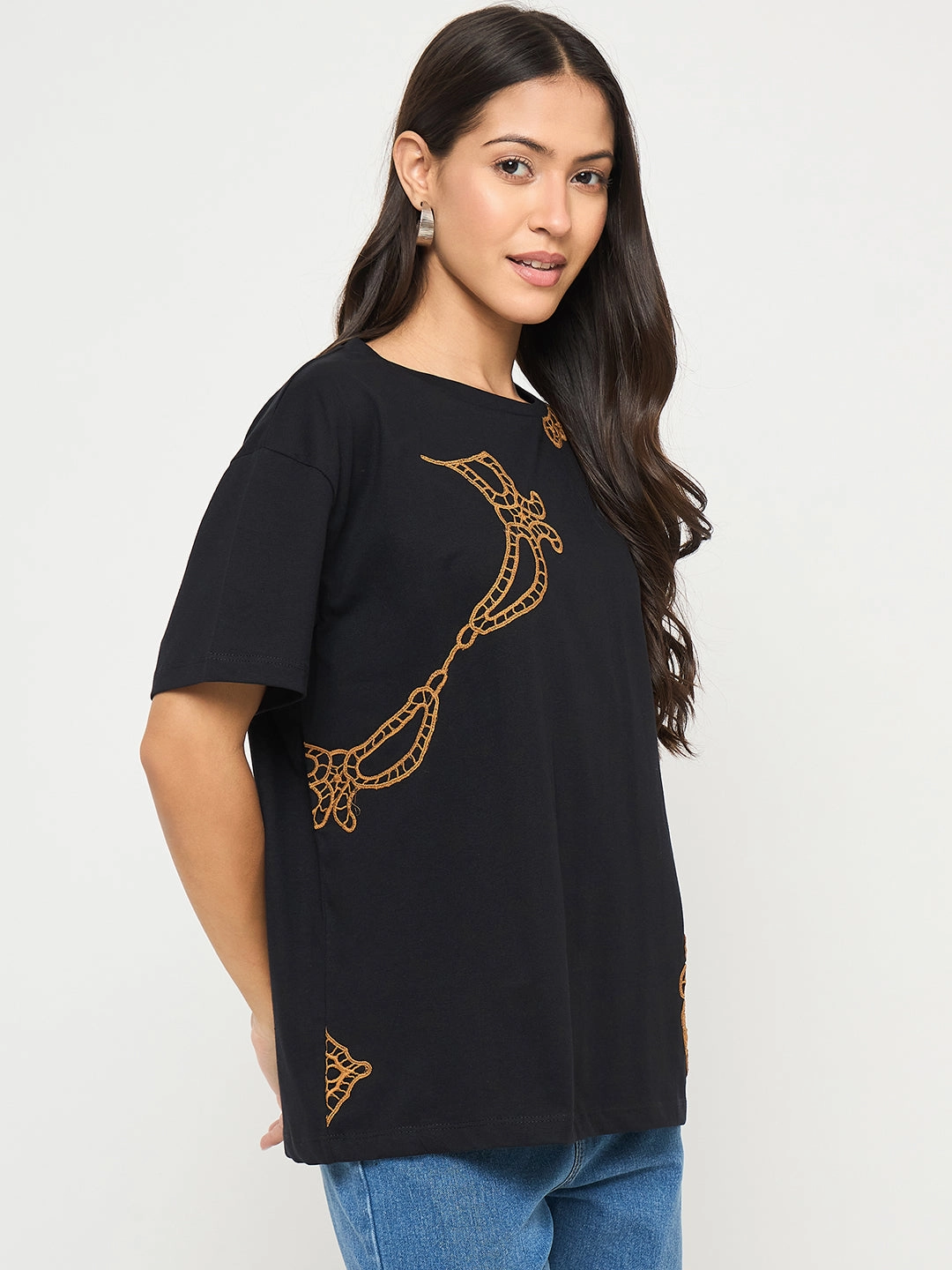 Madame Embroidery Patchwork Detailed Black Cotton T-shirt No Shrink Technology