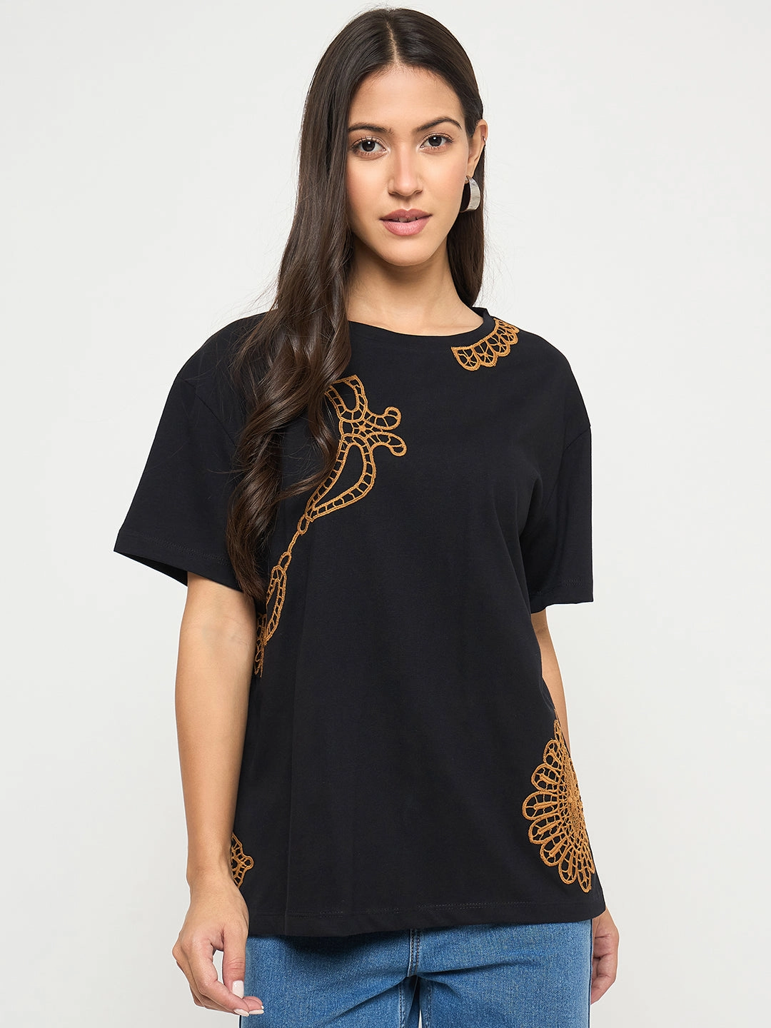 Madame Embroidery Patchwork Detailed Black Cotton T-shirt Fashion Must-Have Layering Comfort