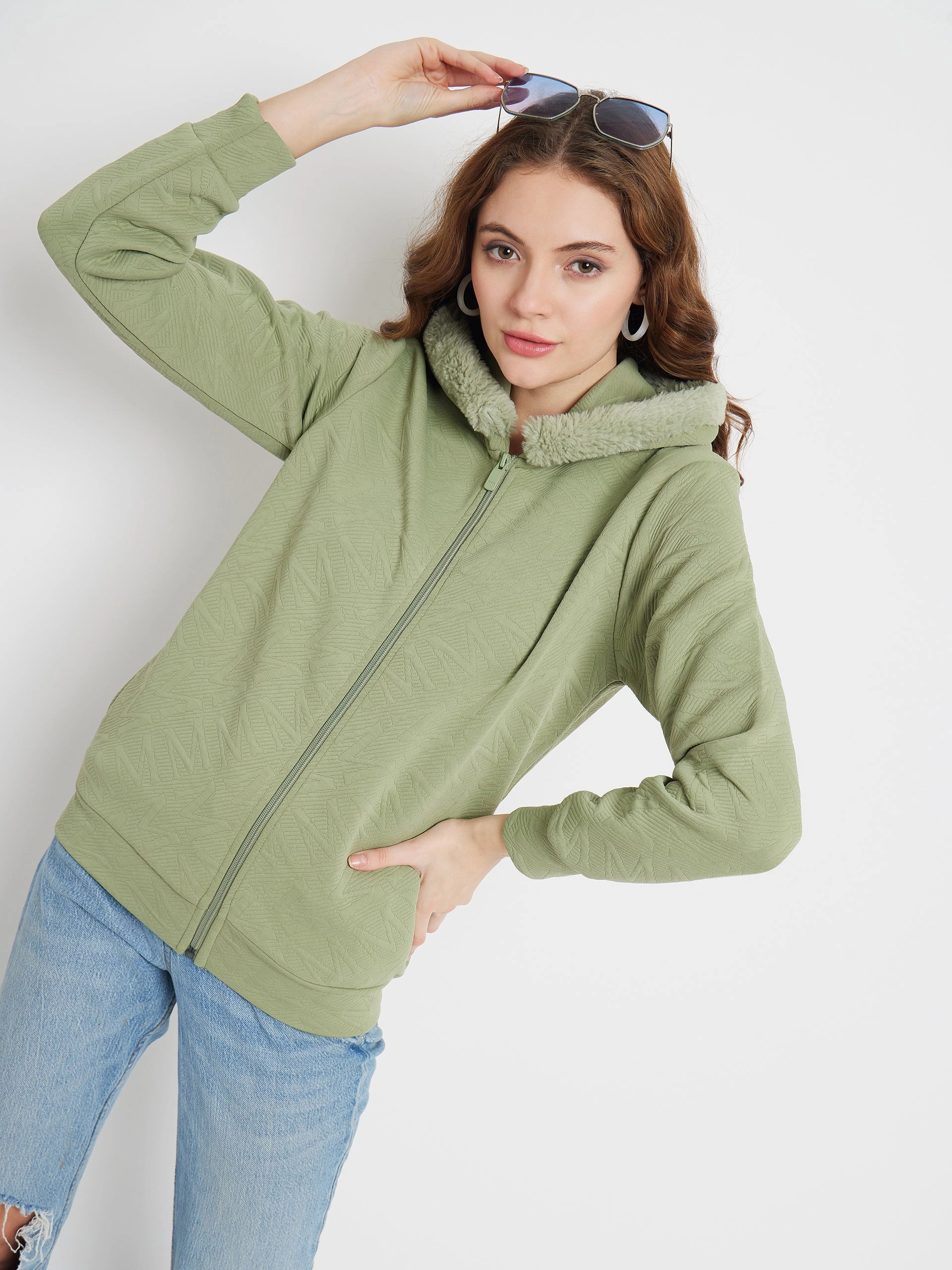 Business casual earthy colors Madame Faux Fur Hood Applpe Green Sweatshirt