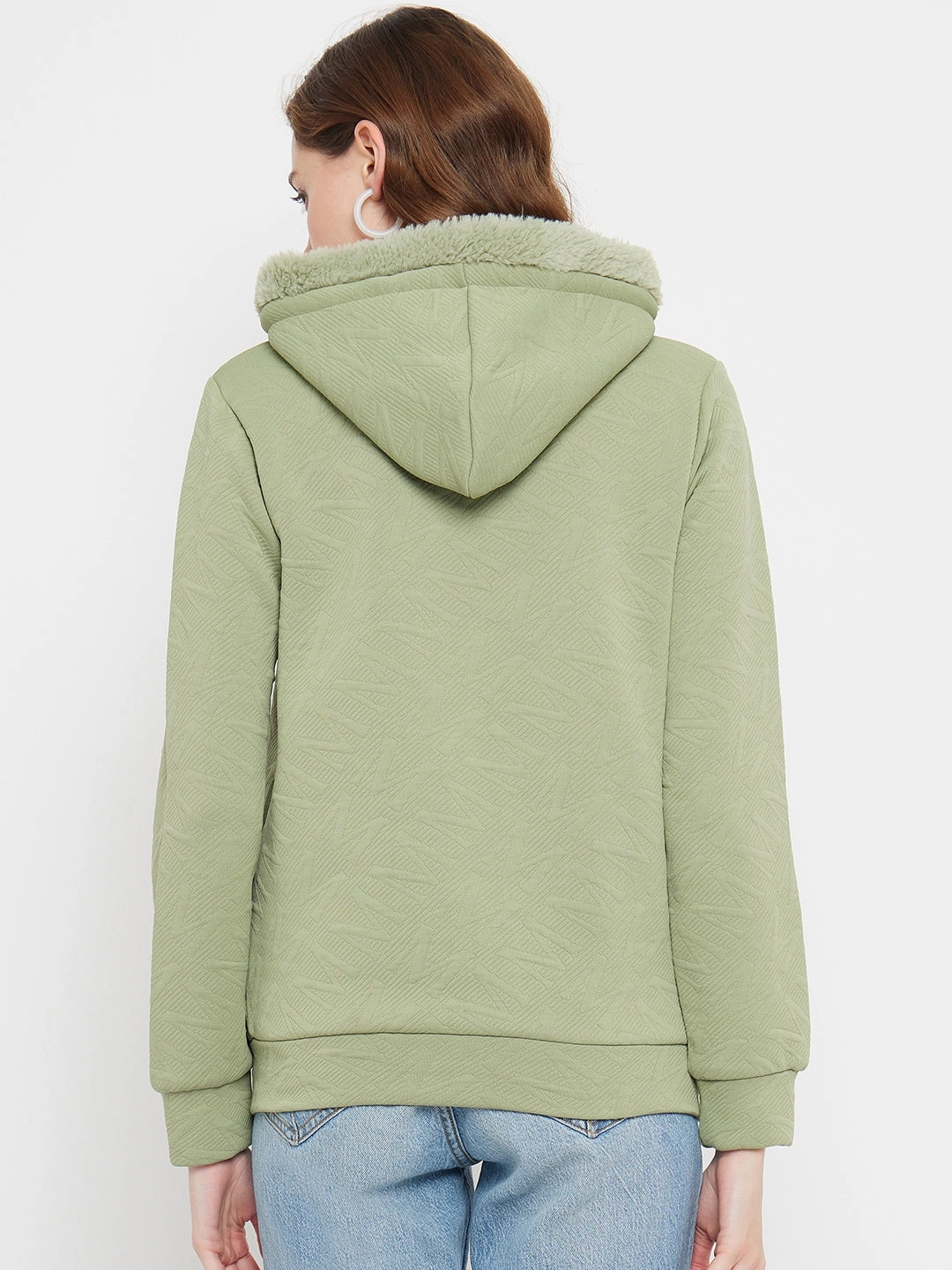Madame Faux Fur Hood Applpe Green Sweatshirt Collared