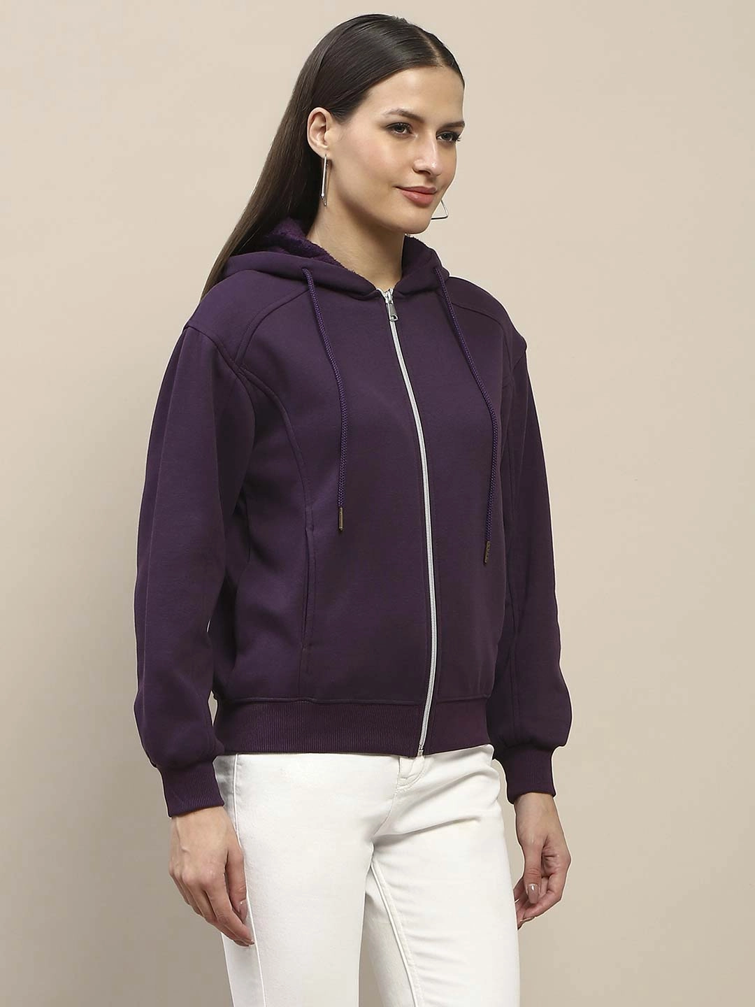 Madame Fleece Cut And Sew Detailed Zipped Purple Hoodie product gift wrapping