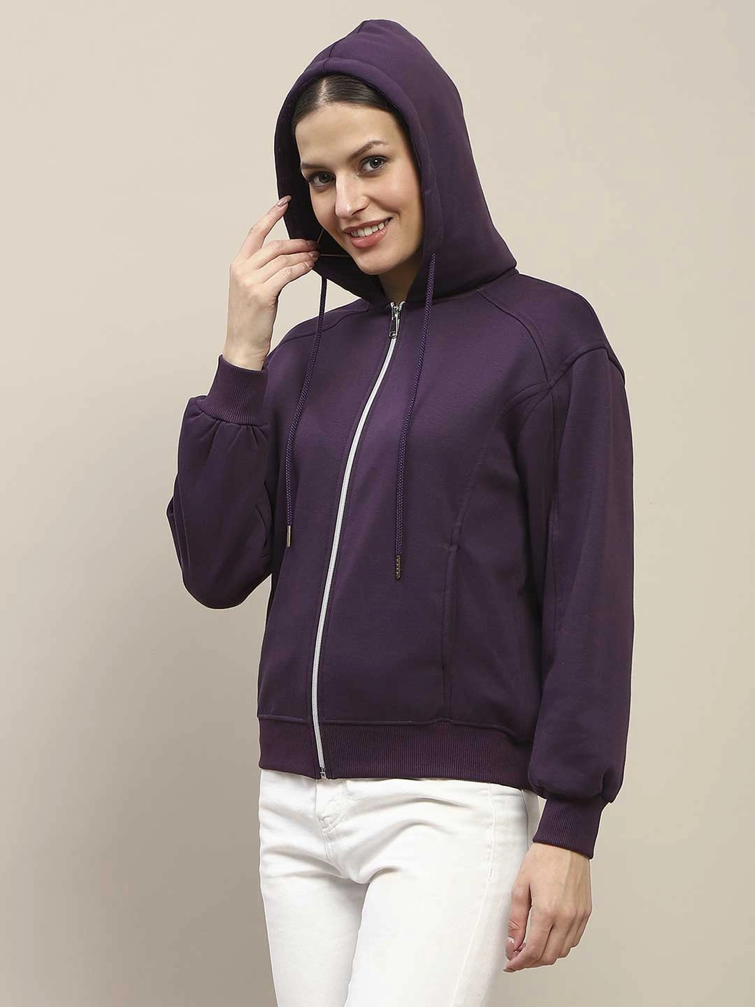 Madame Fleece Cut And Sew Detailed Zipped Purple Hoodie Brand Identity Trendy Essentials