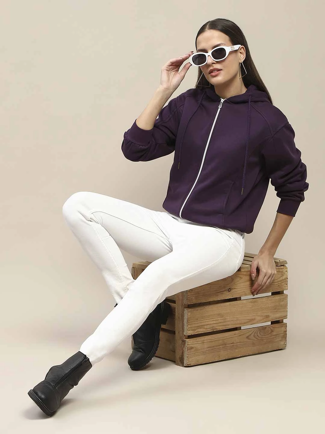 Madame Fleece Cut And Sew Detailed Zipped Purple Hoodie Easy Wear Timeless Sporty