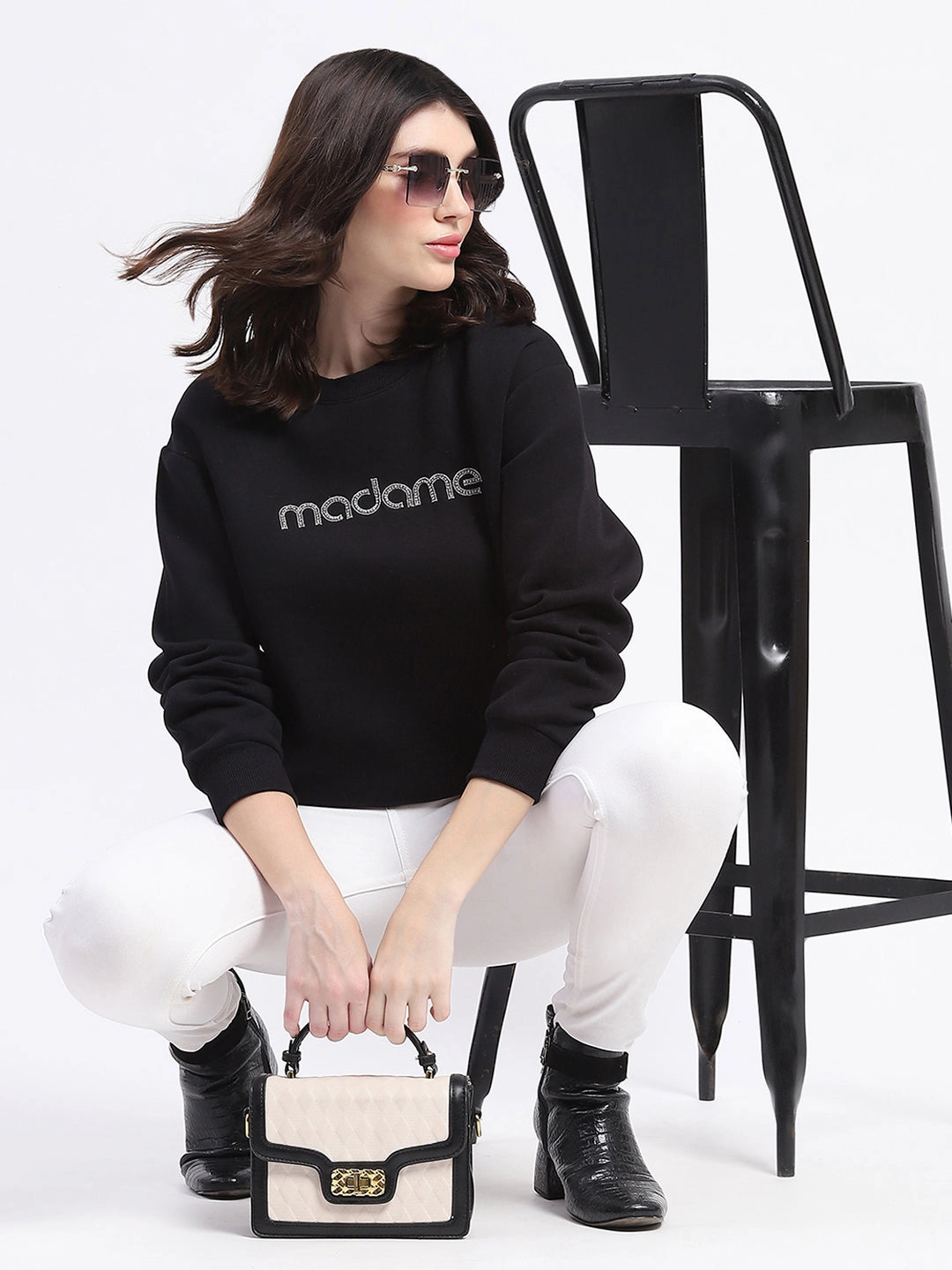 Madame Fleece Handwork And Embroidered Black Sweatshirt Logo Emblem Comfort Layering