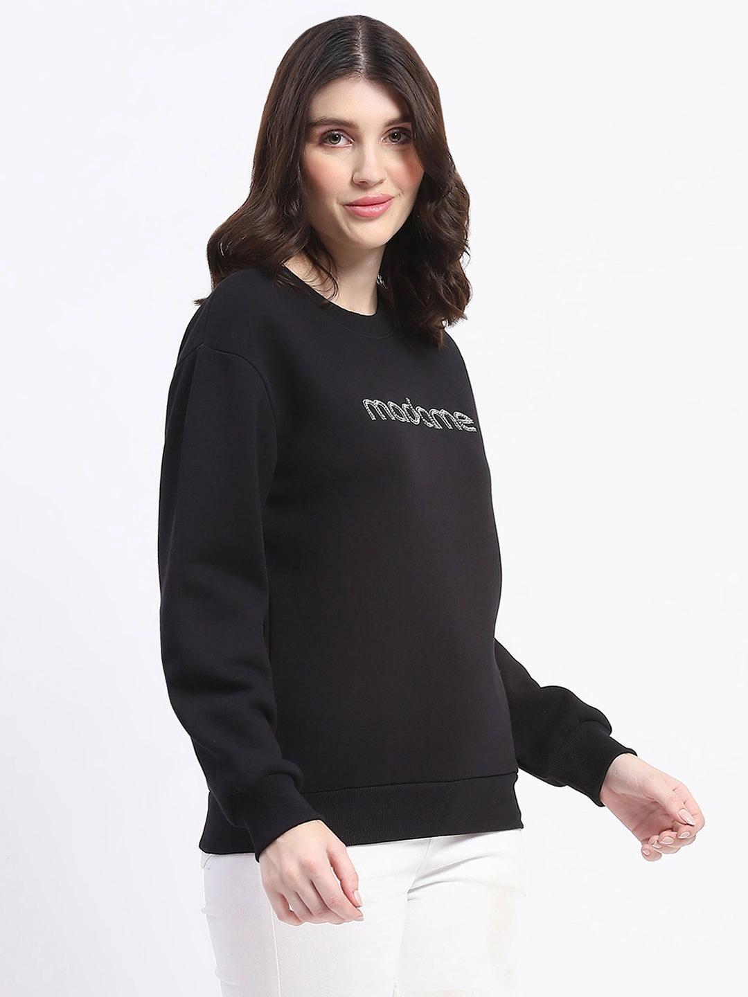 anti wrinkling Madame Fleece Handwork And Embroidered Black Sweatshirt