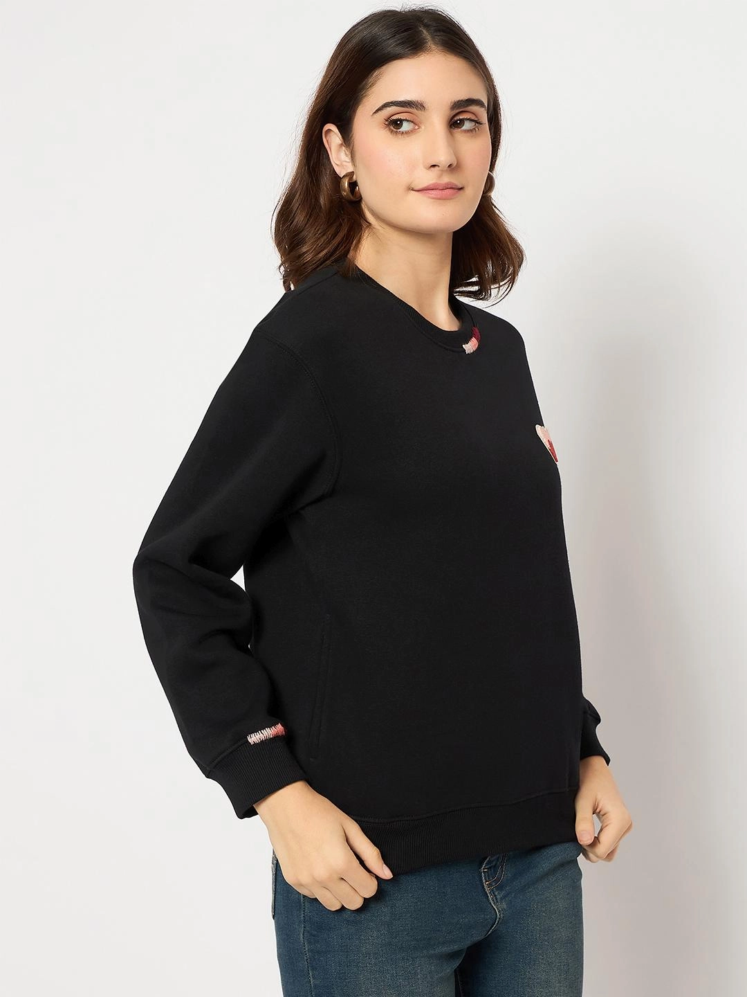 Madame Fleece Patched Black Sweatshirt cycling suitable