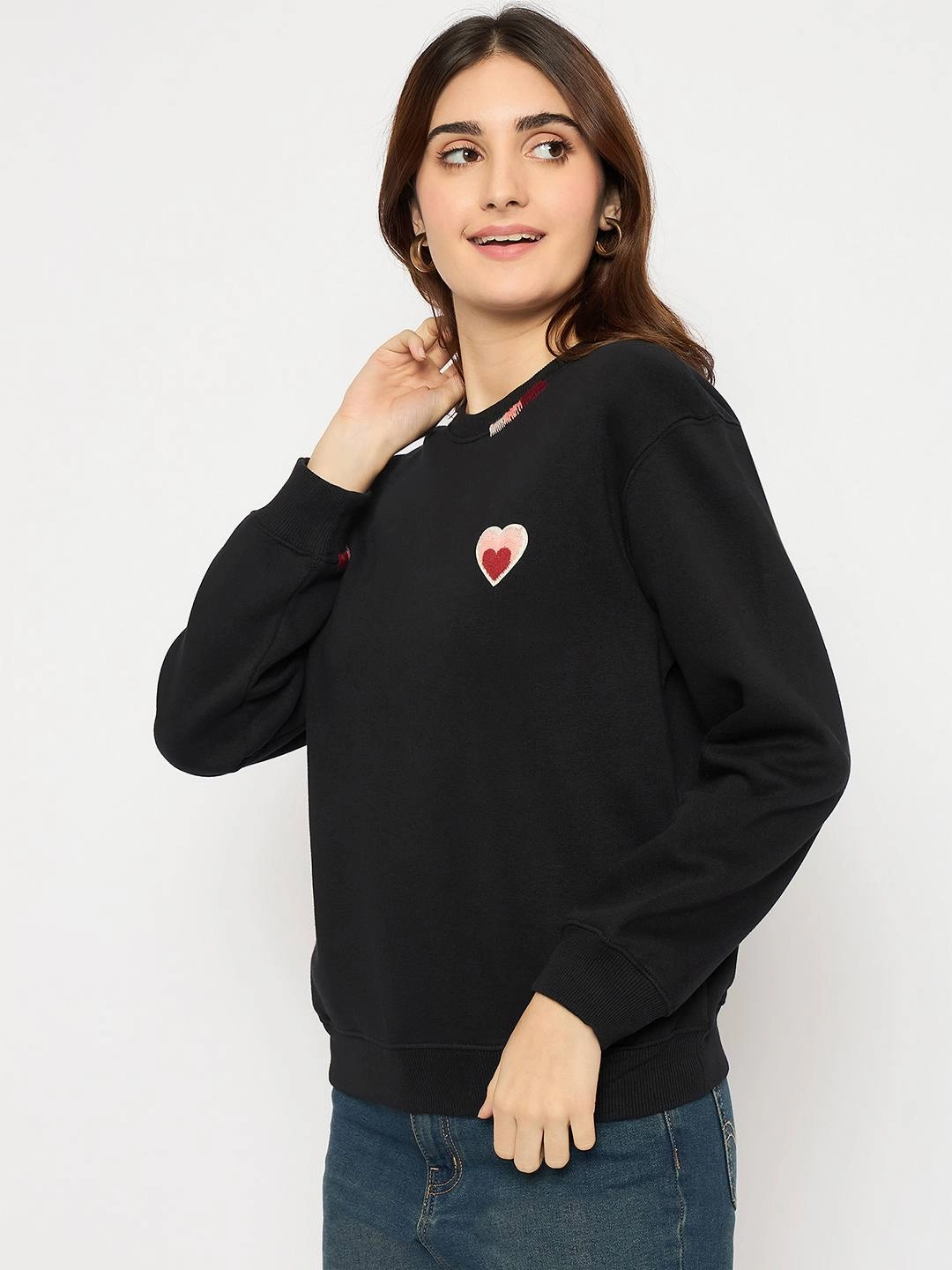 pearl accents Madame Fleece Patched Black Sweatshirt