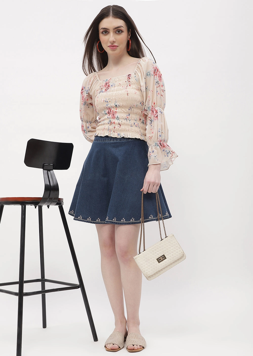 SustainableBlend Quick Dry Technology Madame Floral Beige Smocked Top