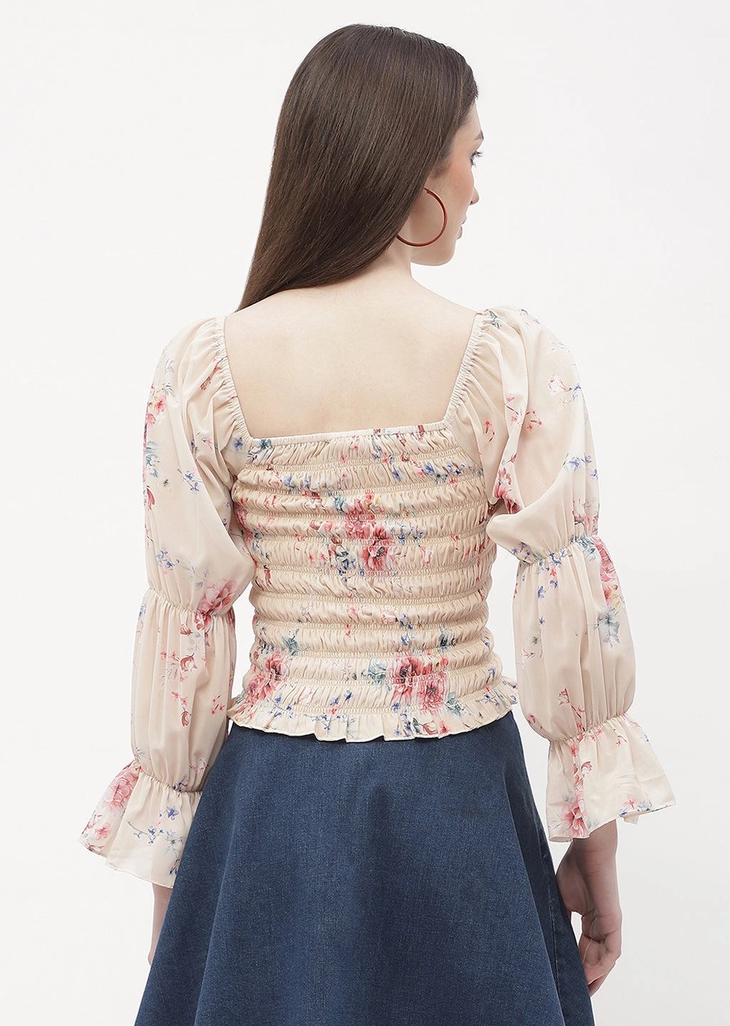 Ventilated Side Panels Madame Floral Beige Smocked Top