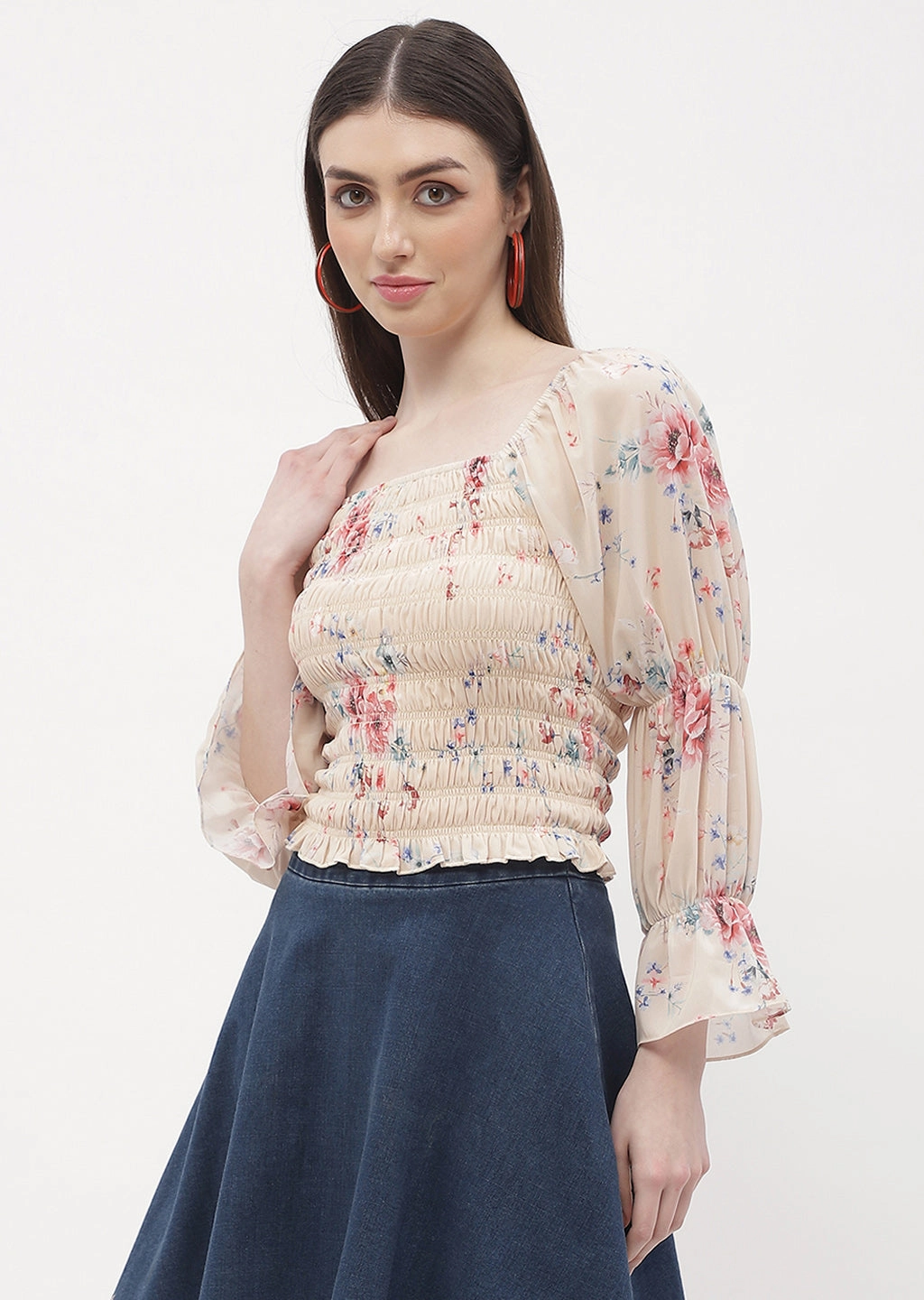 Madame Floral Beige Smocked Top NonIrritatingEdges