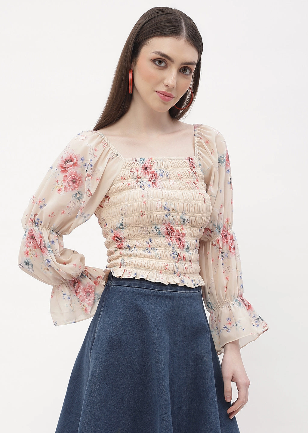 MultiPanelDesign MicrofiberBlend Madame Floral Beige Smocked Top