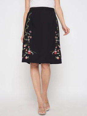 Madame Floral Embroidered Black Cotton Mini Skirt Tapered Cut Tonal Layering