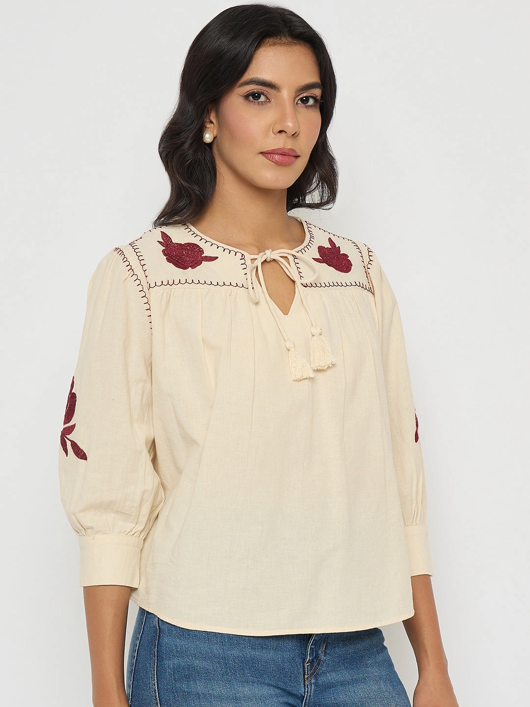 UVProtection Coating Madame Floral Embroidered Tie Neck Beige Top