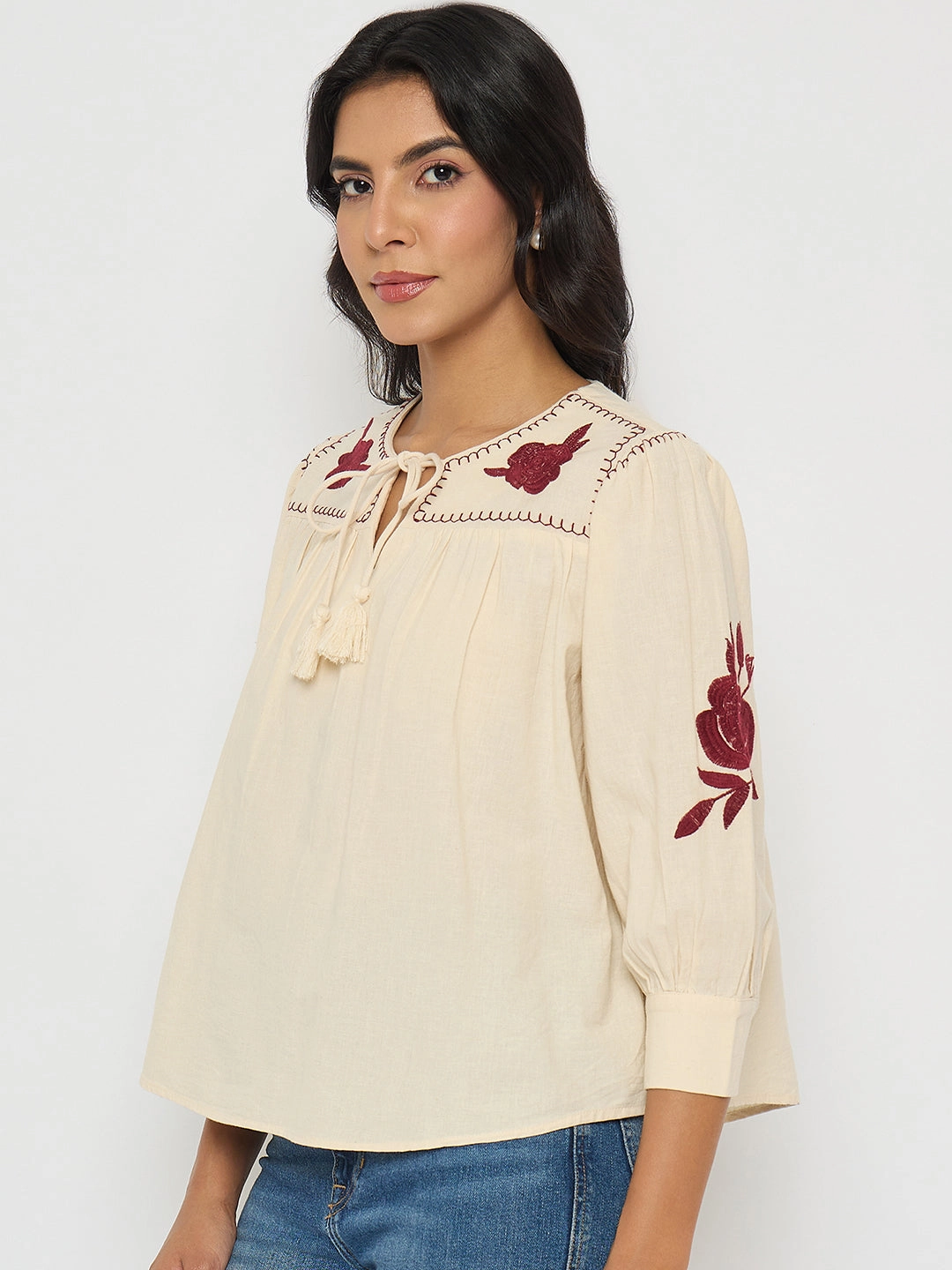 Curved Hemline Madame Floral Embroidered Tie Neck Beige Top