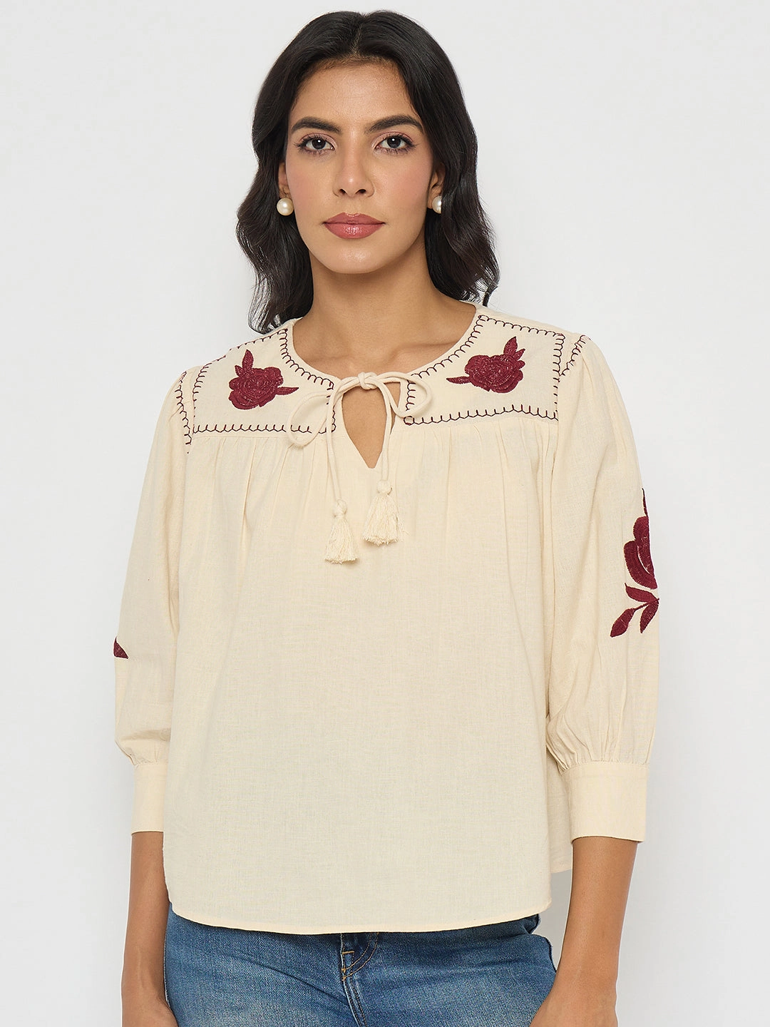 MultiPocketDesign QuickDryTechnology Madame Floral Embroidered Tie Neck Beige Top