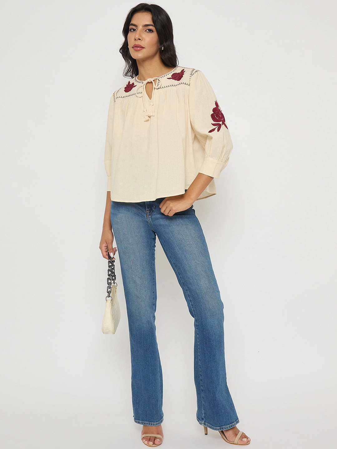 Flatlock Stitching Technique Madame Floral Embroidered Tie Neck Beige Top