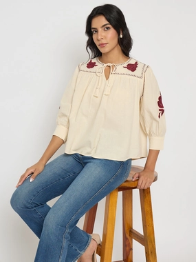 ContrastStitching WrinkleFree Weave Madame Floral Embroidered Tie Neck Beige Top