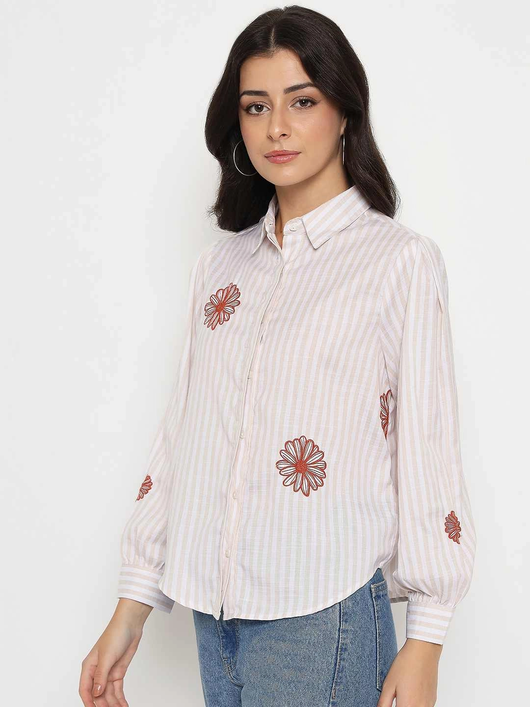 Edgy Fashion Chilly Weather Wear Madame Floral Embroidery Beige Striped Shirt