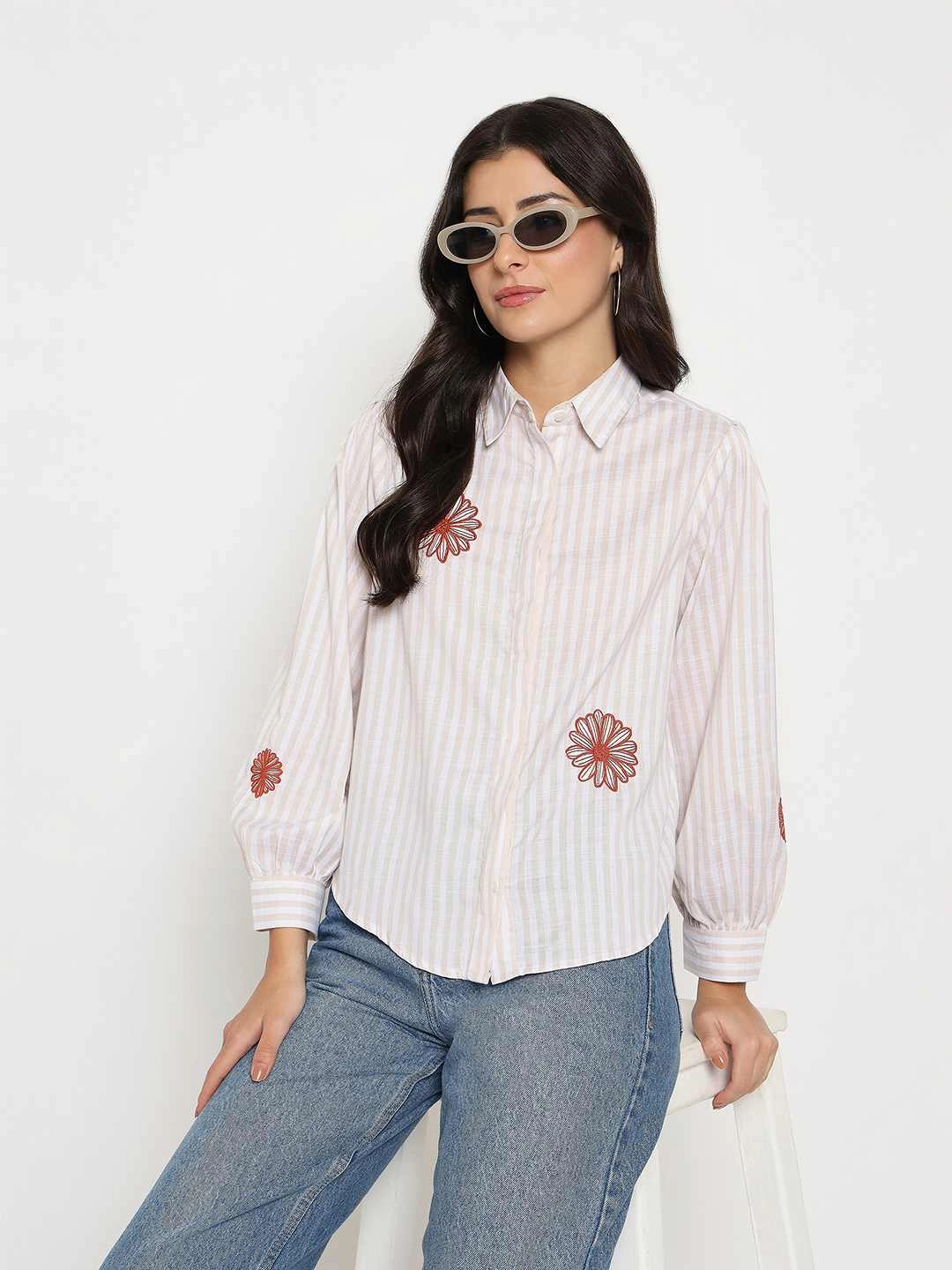 Trendy Comfort Madame Floral Embroidery Beige Striped Shirt
