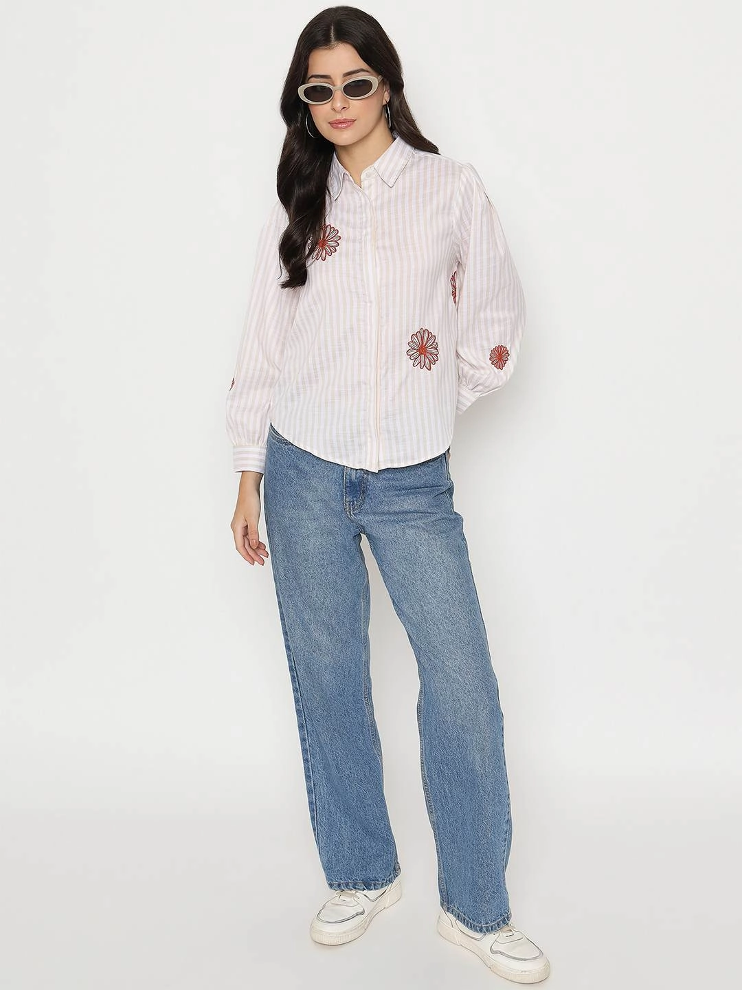 Durable Texture Madame Floral Embroidery Beige Striped Shirt